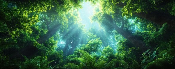 Fototapeta premium Serene Forest Canopy with Sunbeams Filtering Through Leaves, Creating a Dreamy Atmosphere, Nature Photography