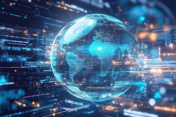 Obraz premium A high-tech depiction of Earth surrounded by digital data networks and interfaces, symbolizing global communication, technology, and interconnected systems.