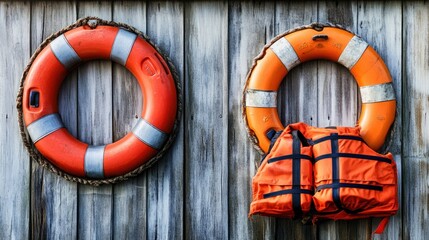 Lifebuoy and bright orange life jacket placed on a weathered wooden background, emphasizing their role in rescue operations and maritime safety.