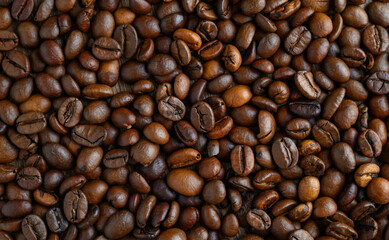 Roasted coffee beans on a flat background.