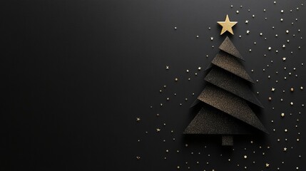 Minimalist black Christmas tree design with a gold star on top and scattered golden decorations on a dark background