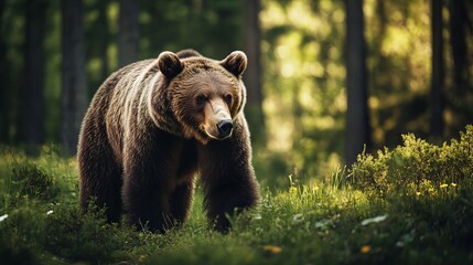 Fototapeta premium Wild brown bear in summer forest Wildlife scene