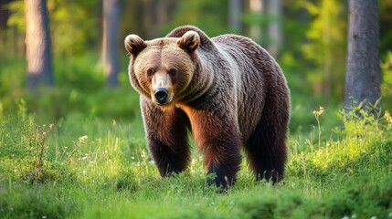 Fototapeta premium Wild brown bear in summer forest Wildlife scene