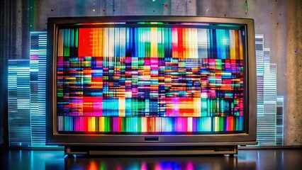 A malfunctioning television screen displays a chaotic jumble of distorted colors, static, and glitching patterns,