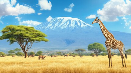 Fototapeta premium beautiful looking giraffe with mountain view in the background
