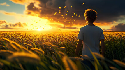 A lone man stands in a field of tall grass, looking at the sunset.