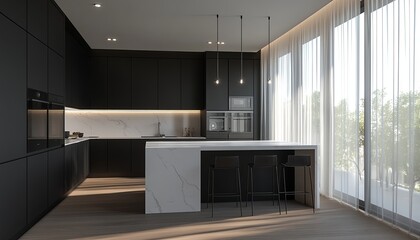 Modern kitchen with black cabinets, marble countertop, and three bar stools.