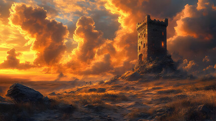Obraz premium A lone tower stands on a hilltop with a fiery sunset in the sky.