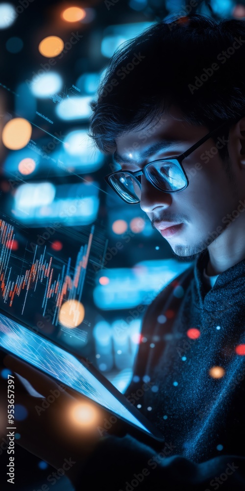 Poster a young professional engaging in detailed data analysis within a rapidly evolving and technologydriv