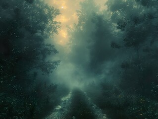 Obraz premium A dirt path winds through a dense, misty forest, sunlight filtering through the canopy.