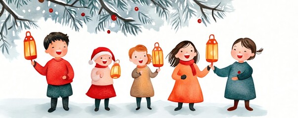 Fototapeta premium Joyful children holding lanterns, singing Christmas carols under a tree with branches heavy with snow, warm and inviting, Christmas, Carols