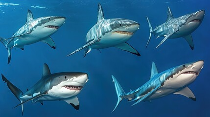 Naklejka premium Illustration of Various Shark Species Including the Great White Shark, Hammerhead Shark, Tiger Shark, and Whale Shark. 