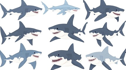 Illustration of Various Shark Species Including the Great White Shark, Hammerhead Shark, Tiger Shark, and Whale Shark. 