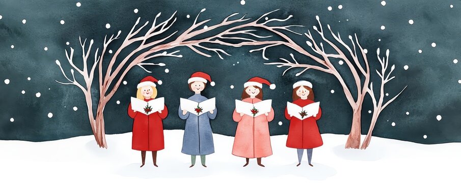 Joyful Christmas carolers standing beneath a large branchcovered archway, snow gently falling around them, creating a magical scene, Christmas, Joyful