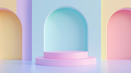 Pastel pink empty circular staired product display podium against backdrop of archways