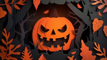 A paper-cut Halloween pumpkin with a sinister smile and glowing eyes. It is surrounded by a dark forest with orange and black leaves, creating an atmosphere of horror and mystery.