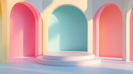 White empty circular staired product display podium against backdrop of archways