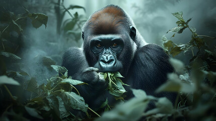 Obraz premium A majestic gorilla sits among green foliage in a misty jungle, looking intensely at the viewer.