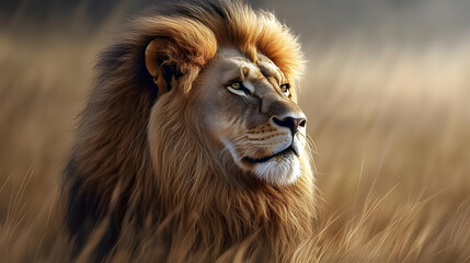 A majestic lion with a thick mane stands in a field of tall grass, gazing off to the side.