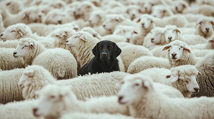 Naklejka premium A black dog among many white sheep