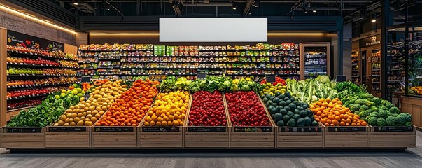 Modern grocery store interior with white blank mockup banner for advertising, organized supermarket design highlighting fresh fruits and vegetables.