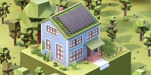 Sustainable urban home in a green environment, 3D isometric view with space for text