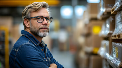 Obraz premium A man in a blue denim shirt and glasses stands in a warehouse looking at the pallets behind him.