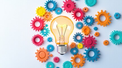 Light bulb surrounded by colorful gears, representing the fusion of innovation and creativity with a modern twist, on a clean background.