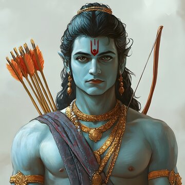A portrait of a man with a bow and arrow, wearing traditional Indian attire, and a serious expression.