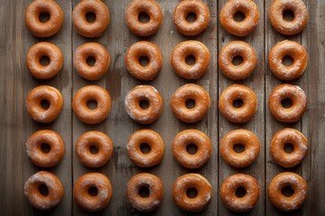 Fototapeta premium Donuts of all kinds, collection lined up on a wood counter