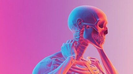 Neck pain illustrated on a skeletal figure, with a hand gripping the neck and a vivid gradient background highlighting discomfort.