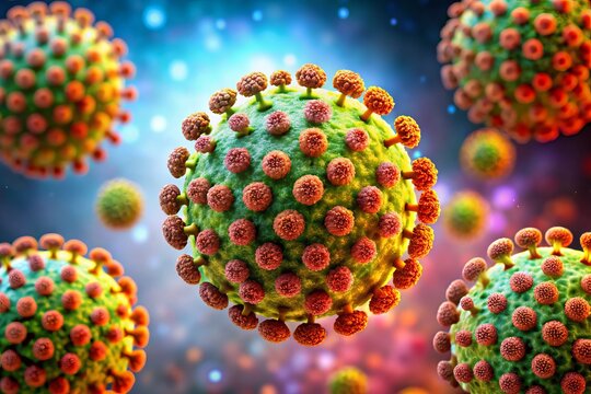A microscopic illustration of the hepatitis C virus, depicting its spherical structure and surface glycoproteins,