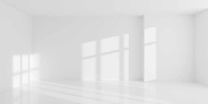 Empty blank white room background with double window shadow on the backwall with recess, modern interior template