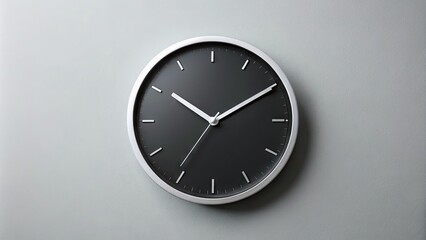 A minimalist analog clock with bold black hour and minute hands and clear white numerals on a plain gray background, evoking a sense of simplicity and timelessness.