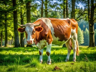 Obraz premium A miniature cattle breed, with distinctive brown and white markings, grazes peacefully in a lush green meadow surrounded by tall trees on a sunny day.