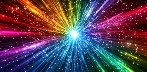Naklejka premium Abstract colorful light rays exploding from a central point with a dark background and white speckles.