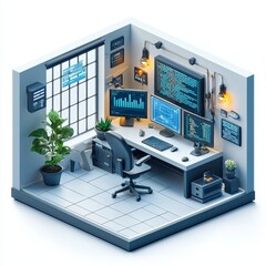 Isometric Illustration of 3d Cybersecurity room interior
