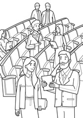 Coloring page for kids with communicating deputies on Plenary session of the Verkhovna Rada of Ukraine.A printable worksheet, vector illustration.
