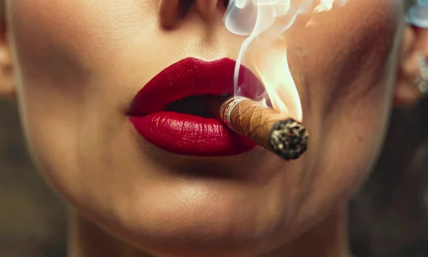 red lips cigarette Girl with red lips smoking a cigar