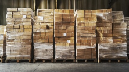 Pallets of wrapped packaging boxes in a warehouse storage facility. Ideal for visualizing the organization of inventory and the logistics of supply chain distribution.