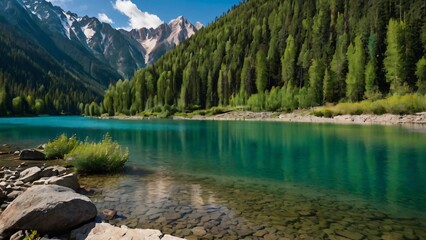 Kanas Lake, Xinjiang A serene alpine lake with iridescent turquoise water, surrounded by dense, emerald green forests and snow-covered mountain peaks adorned with towering granite spires.