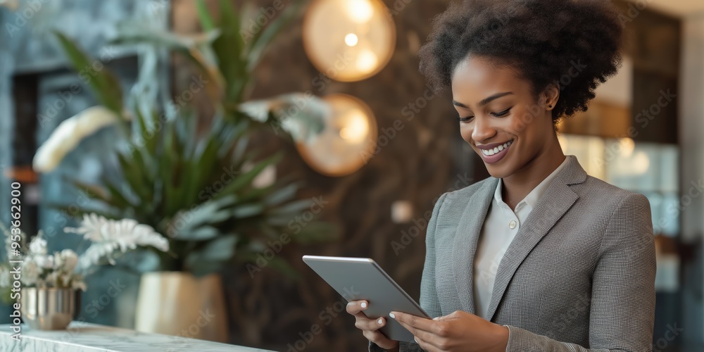 Poster in a modern office, a business professional uses a hightech tablet, blending professionalism with ad
