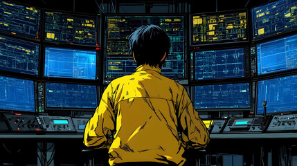 Fototapeta premium A man in a yellow jacket sits in front of multiple computer monitors filled with code.
