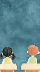 Obraz premium Watercolor paper texture sticker design pastel colors simple lines light blue background classroom scene desks books chalkboard children playing outside windows blue green palette