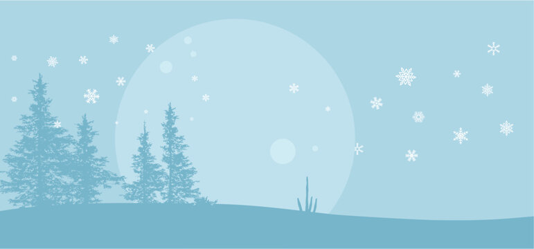 Winter blue vector background, banner. Spruce trees, Christmas trees, against a moonlit sky.