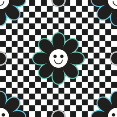 Cute abstract isolated laughing face daisy flowers emoticons icons set on black and white checkered pattern background design element 