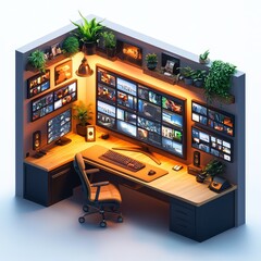 Isometric Illustration of 3d monitor war-room
