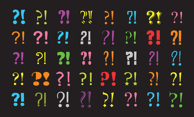 Trendy vivid colorful abstract and isolated assorted different type face question marks and exclamation marks icons set design element on black background poster