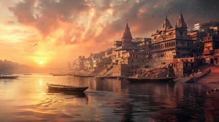 Obraz premium Varanasi, the city with its ancient architecture. Generative Ai