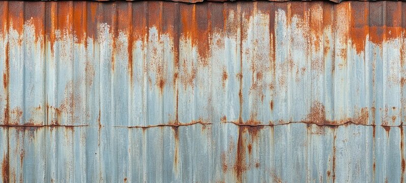 Rusty Corrugated Metal Facade with Peeling Paint and Grunge Texture Background  Distressed Weathered Industrial Wall Surface with Decaying and Deteriorating Details